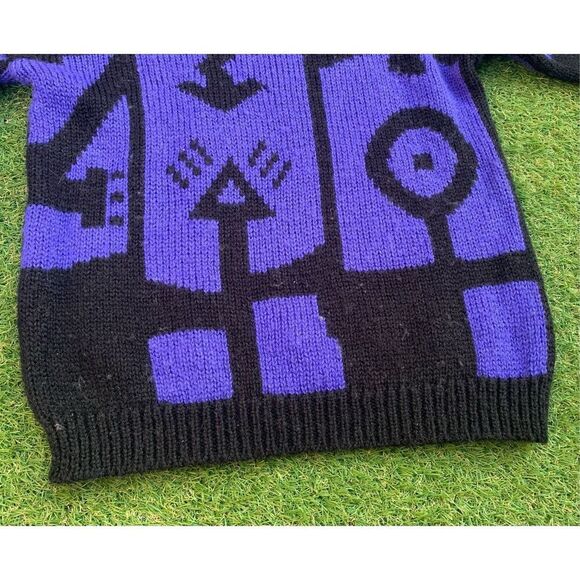 ESPRIT VINTAGE 80’s MCM WOOL ABSTRACT PRINT PURPLE CREW NECK SWEATER sz L - Picture 7 of 7
